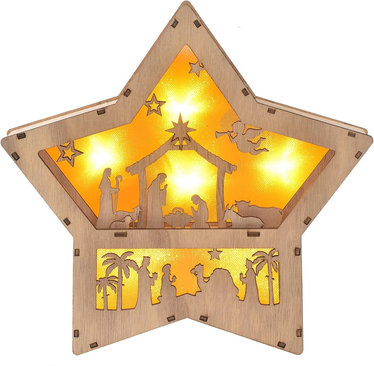 Christmas Nativity Set, Wooden Star Shaped Nativity Scene LED Light, 3D Christmas Decor, Indoor Festive Ornament, Winter Decoration Centerpiece for Table Tiered Tray Fireplace Mantel (Star)